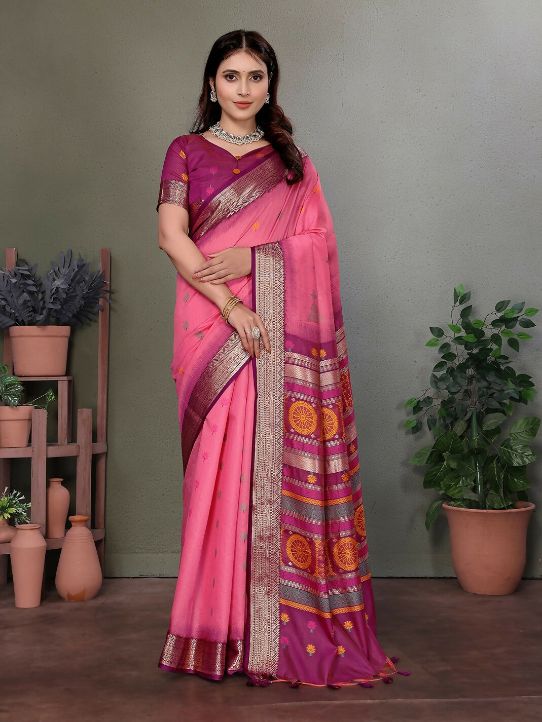 Joban Fashion Pink Floral Banarasi Silk Sarees
