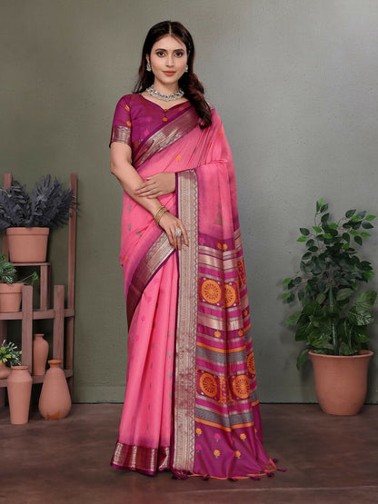 Joban Fashion Pink Floral Banarasi Silk Sarees
