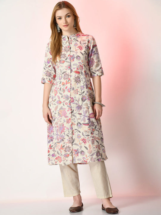 Sangria Off White Floral Printed Mandarin Collar Cotton A-Line Kurta