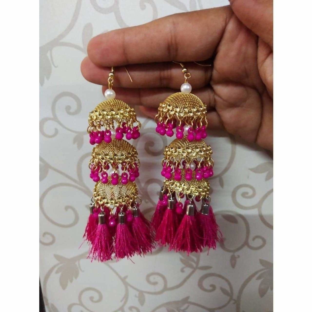 MS Fashion India Gold Color Pink Pearls And Silk Threads Hanging Jhumka Earrings