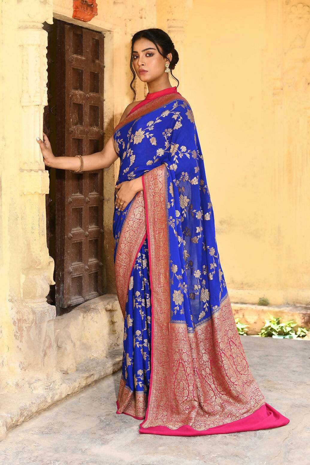 Joban Fashion Ink Blue Crepe Chiffon Pure Handloom Banarasi Silk Saree