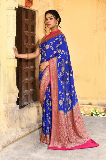 Joban Fashion Ink Blue Crepe Chiffon Pure Handloom Banarasi Silk Saree