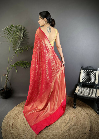 Joban Fashion Red Floral & Paisley Motifs Soft Satin Silk Banarasi Saree
