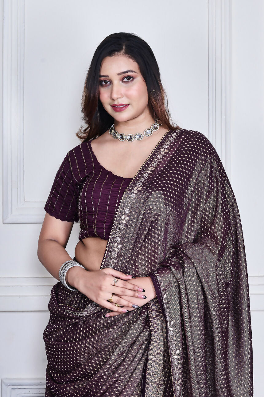 Morchari Purple Pure Chiffon Hand Embroidery Saree And Stitched Blouse