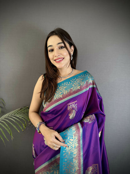 Joban Fashion Purple Banarasi Soft Silk Peacock Butta Work Saree