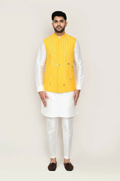 Joban Fashion White Colored Art Silk Fabric Kurta, Jacket With Straight Fit Pant