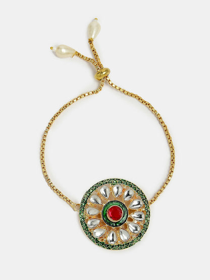 NVR Women & Men Set of 2 Gold Kundan-Studded Handcrafted Wraparound Rakhi Set With Roli Chawal