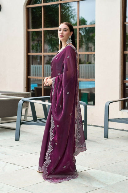 Vastranavya Wine Embroidery Work Shimmer Chiffon Saree with Unstitched Blouse