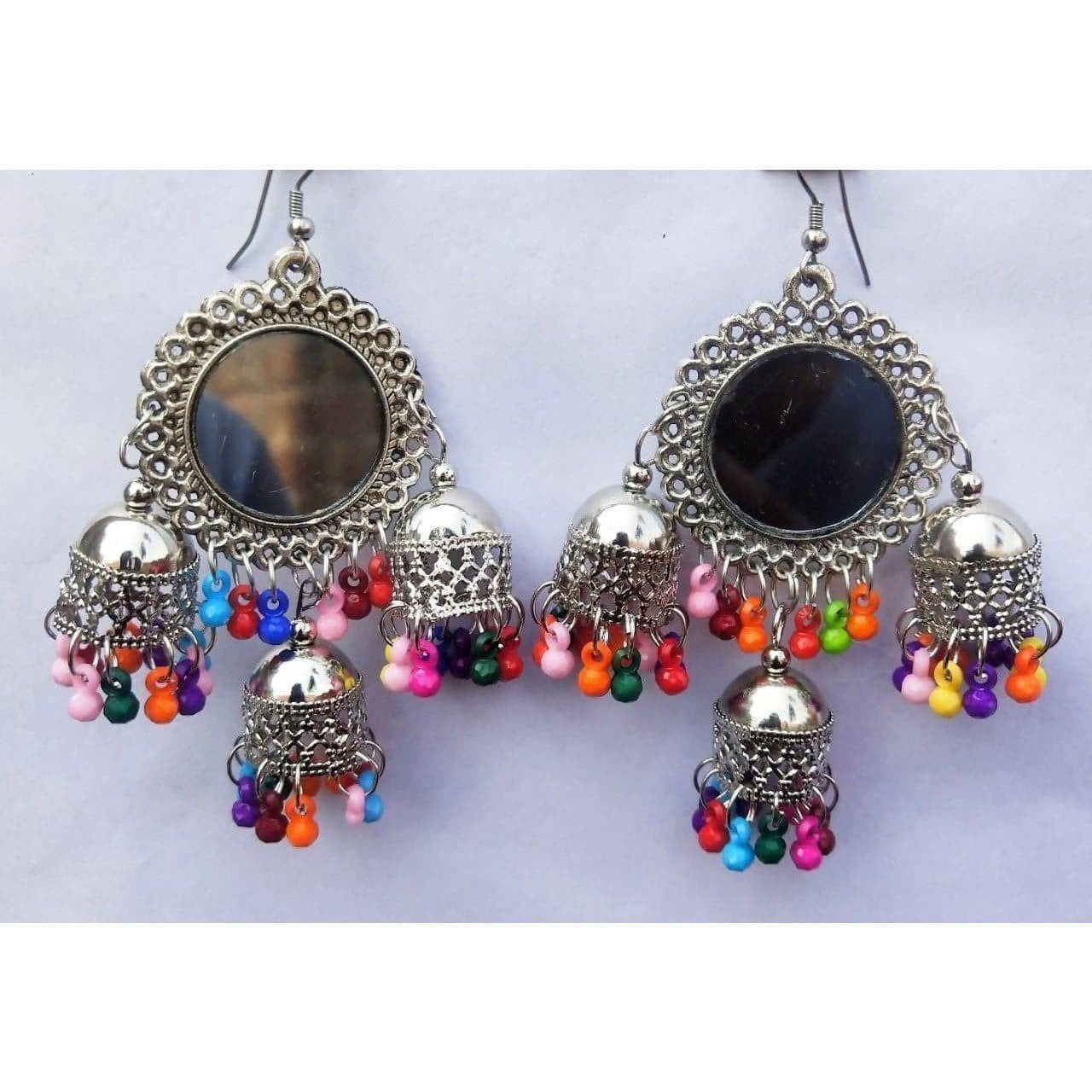 MS Fashion India Sun Design Mirror Silver Oxidized Triple Jhumka With Pearls Hanging Afghani Earrings