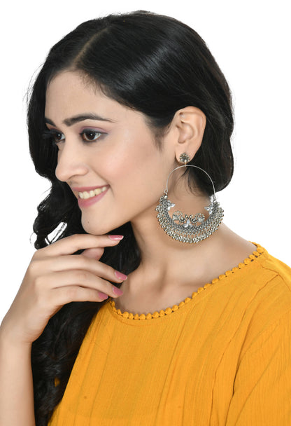 Mominos Fashion Johar Kamal Silver Peacock Design Chandbali Earrings