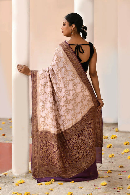 Joban Fashion Ivory Crepe Chiffon Pure Handloom Banarasi Silk Saree