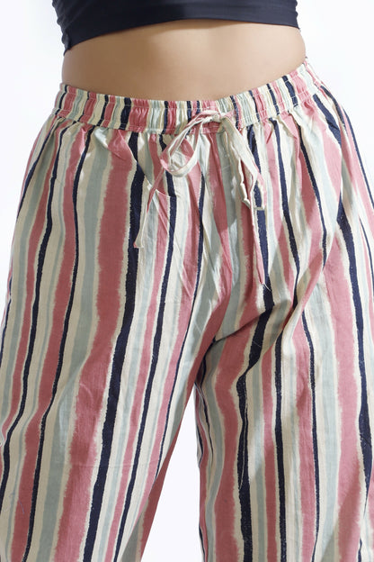 Breathables Women’S Pink Cotton Stripes Loungewear Co-Ord Set