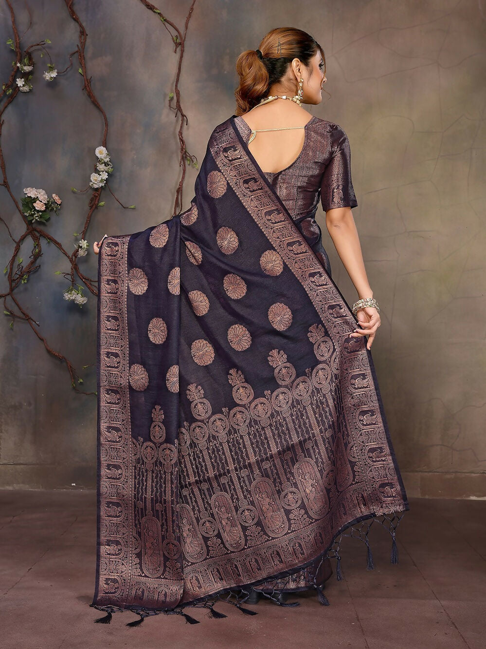 Joban Fashion Navy Blue Woven Jacquard Banarasi Silk Sarees