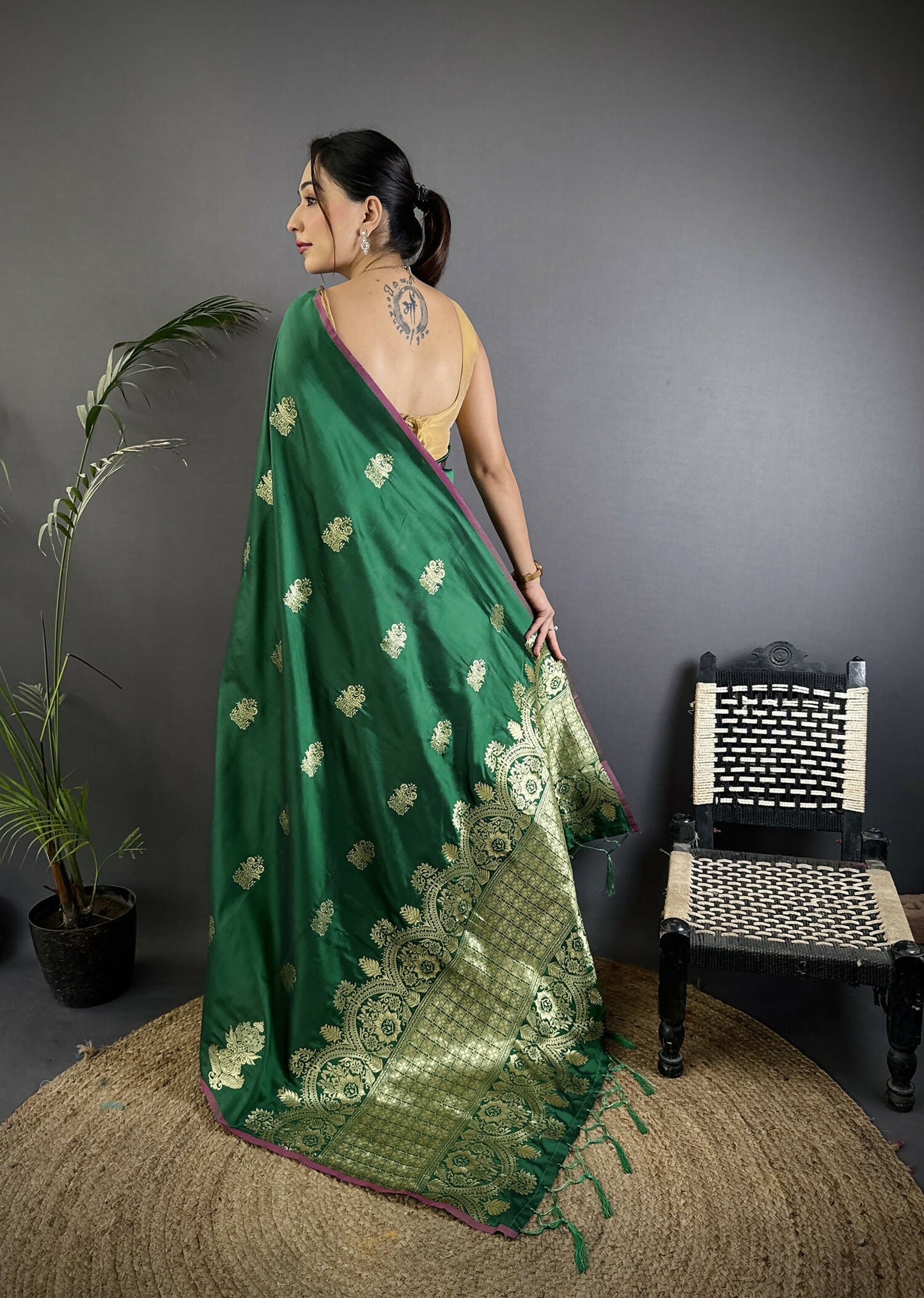Joban Fashion Dark Green Banarasi Lichi Silk Gold Zari Meena Saree