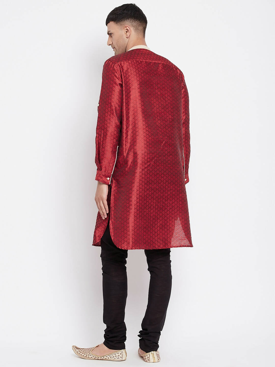 Even Apparels Red Art Silk Men's Kurta With Contrast Collar And Placket