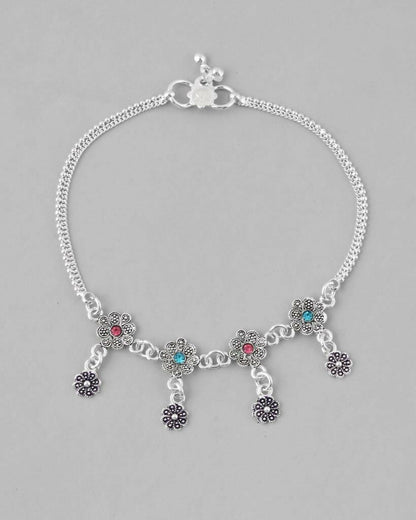 VOJ Set of 2 Silver Plated Flower Shaped Meenakari Anklet