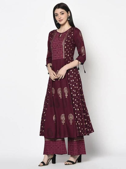 Aniyah Rayon Wine Color Block Print Anarkali Palazzo Set (AN-171K)