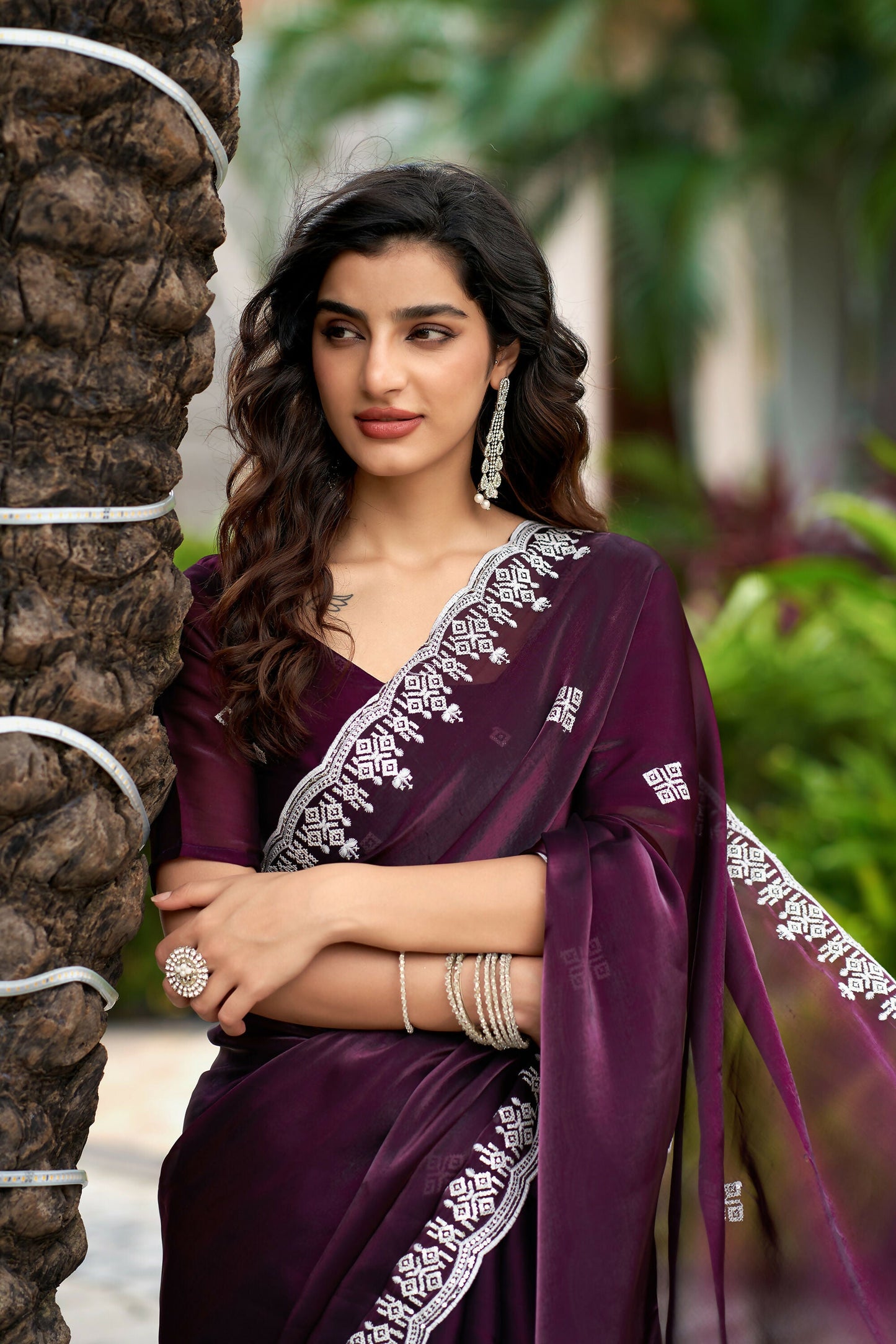Vastranavya Wine Embroidery Work Shimmer Chiffon Saree with Unstitched Blouse