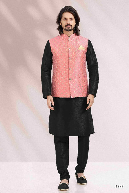 Raivat Ethnic Jacquard Banarasi Silk Woven Work 3 Pics Jacket Set In Pink Colour