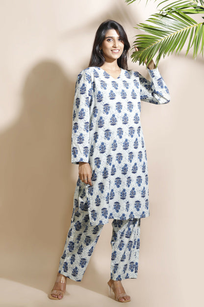 Breathables Women’S Cream Cotton Indian Motif Butta Loungewear Co-Ord Set – Long Kurta & Pants