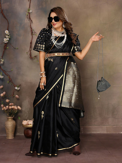 Joban Fashion Black Floral & Botanical Motifs Satin Silk Banarasi Silk Saree