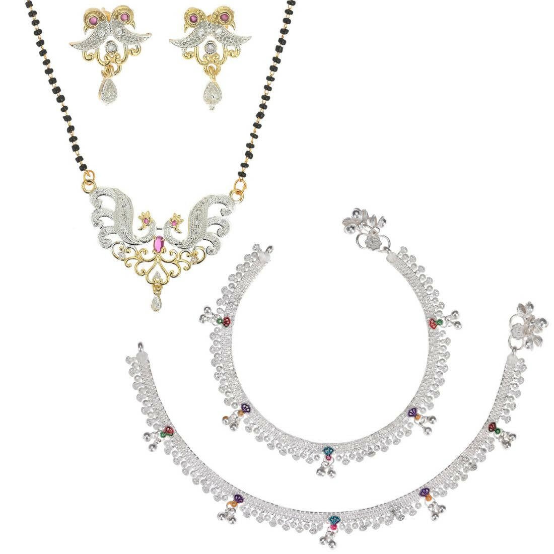 AanyaCentric Gold-Polished Mangalsutra Pendant Earring Set & Silver Plated Anklet