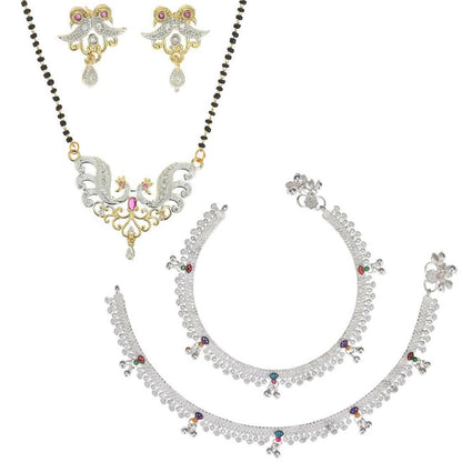 AanyaCentric Gold-Polished Mangalsutra Pendant Earring Set & Silver Plated Anklet