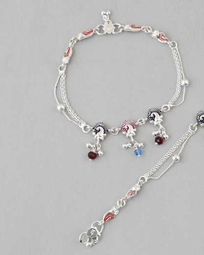 VOJ Set of 2 Silver Plated Peacock Shaped Multi Color Anklet
