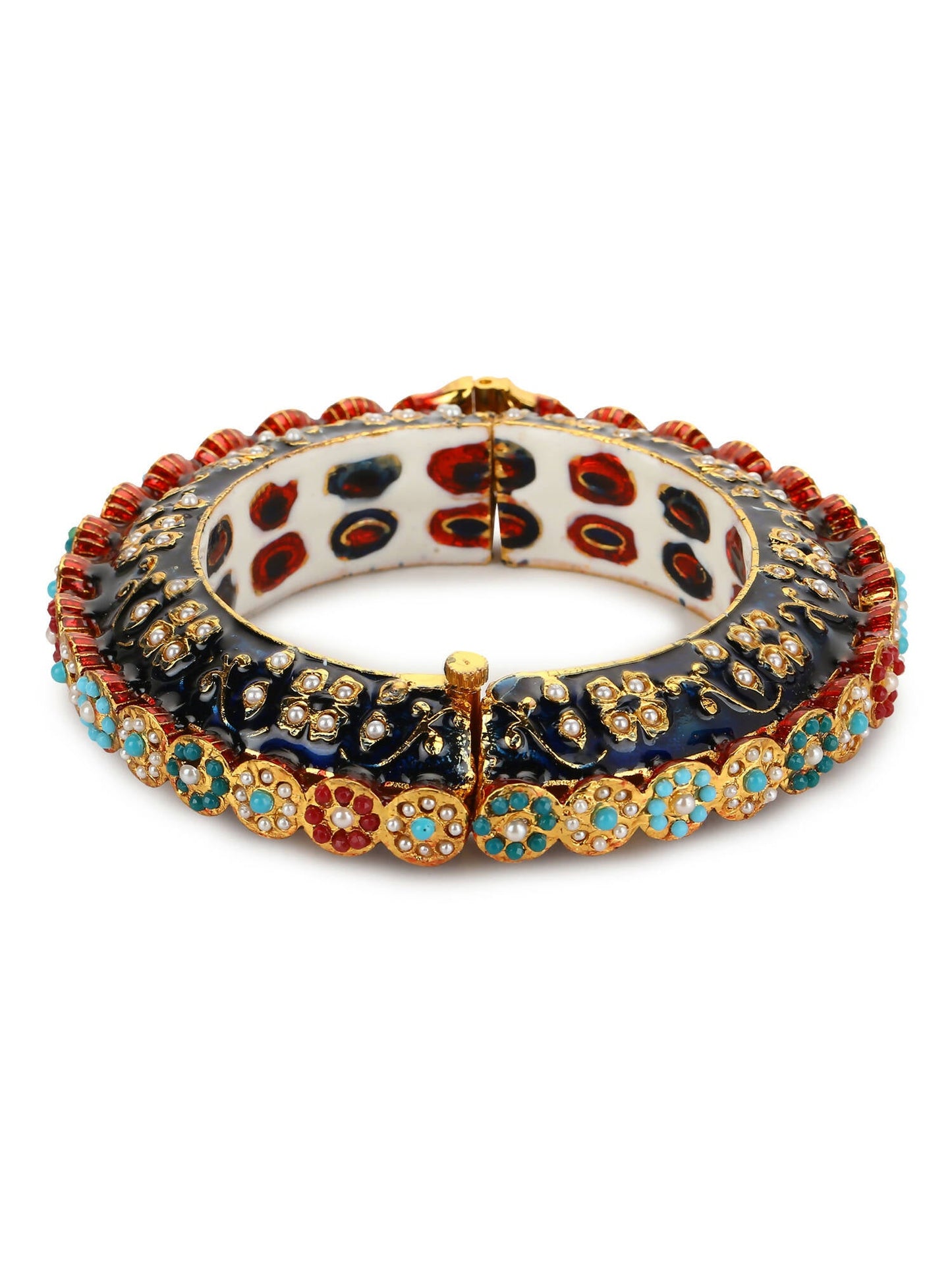 Gold-Polished Blue White Kundan Studded Pearls Beaded Bangle - Ruby Raang