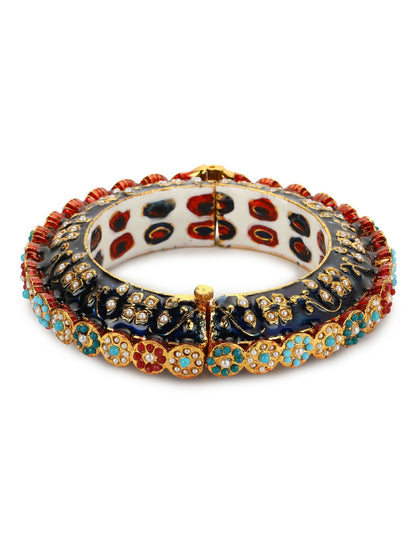 Gold-Polished Blue White Kundan Studded Pearls Beaded Bangle - Ruby Raang