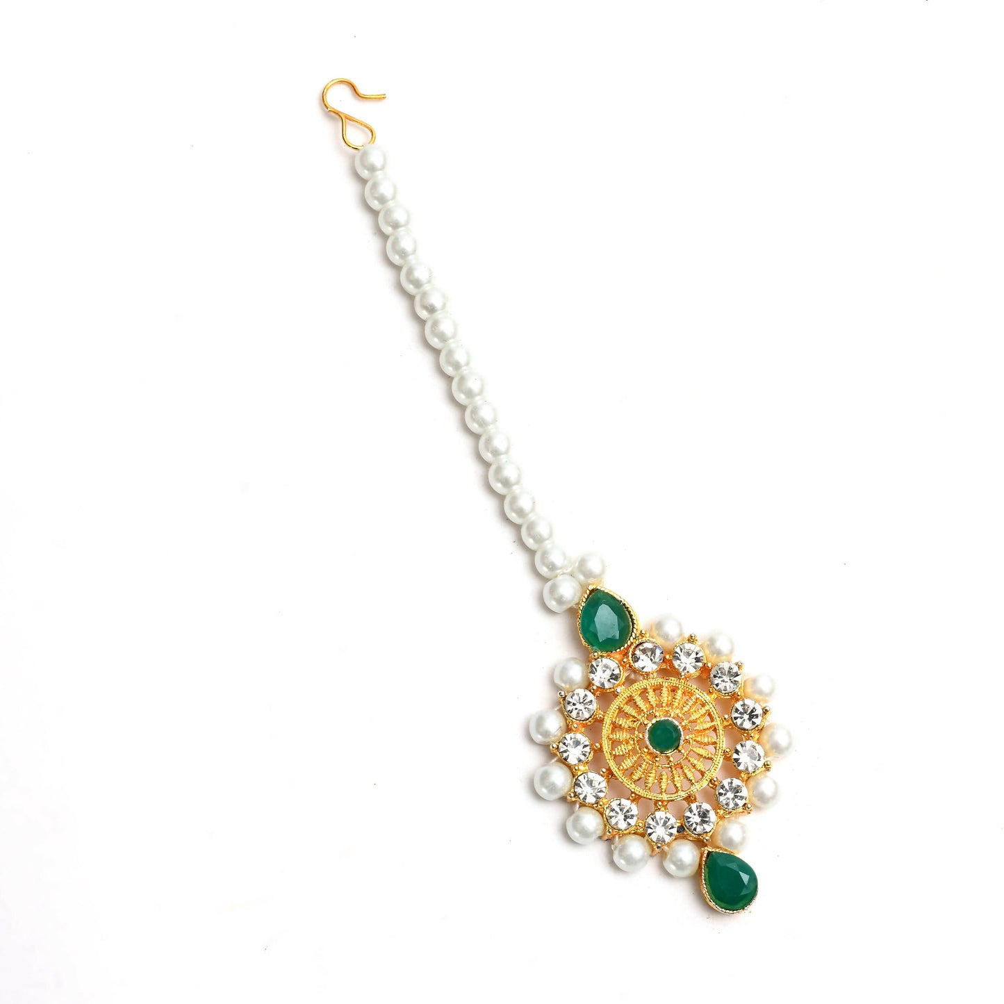 Mominos Fashion Johar Kamal Gold-Polished Rani Haar with Cream Green and Off white Pearls Jewellery Set