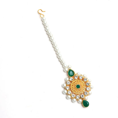Mominos Fashion Johar Kamal Gold-Polished Rani Haar with Cream Green and Off white Pearls Jewellery Set