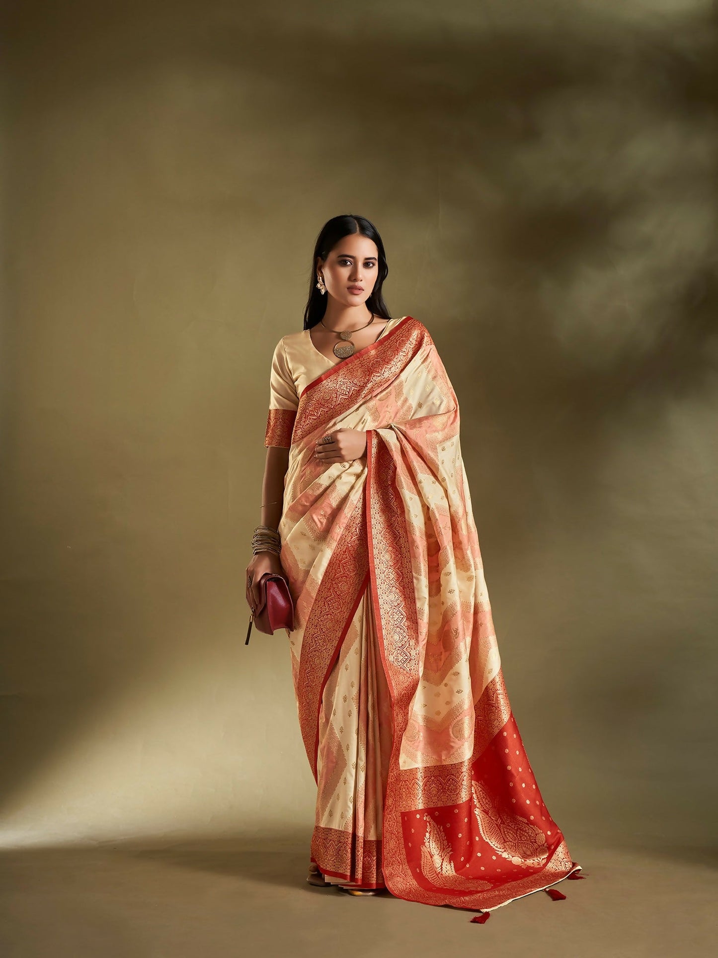 Joban Fashion Cream & Pink Plain With Weaving Border Banarasi Silk Sarees