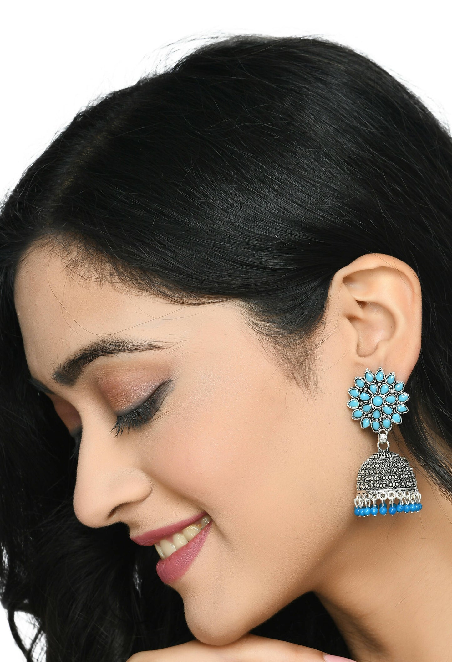 Mominos Fashion Joharkamal Kundan work Jhumka with Sky Blue Beads