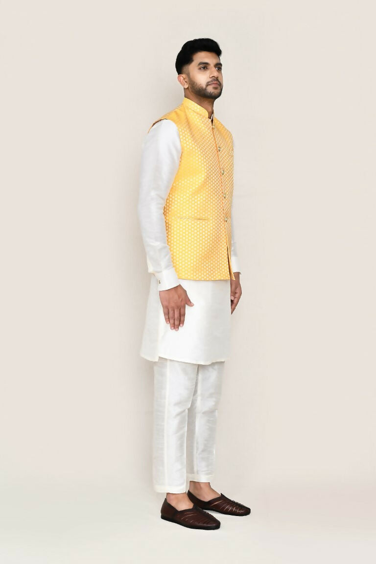 Joban Fashion White Colored Art Silk Fabric Kurta, Jacket With Straight Fit Pant