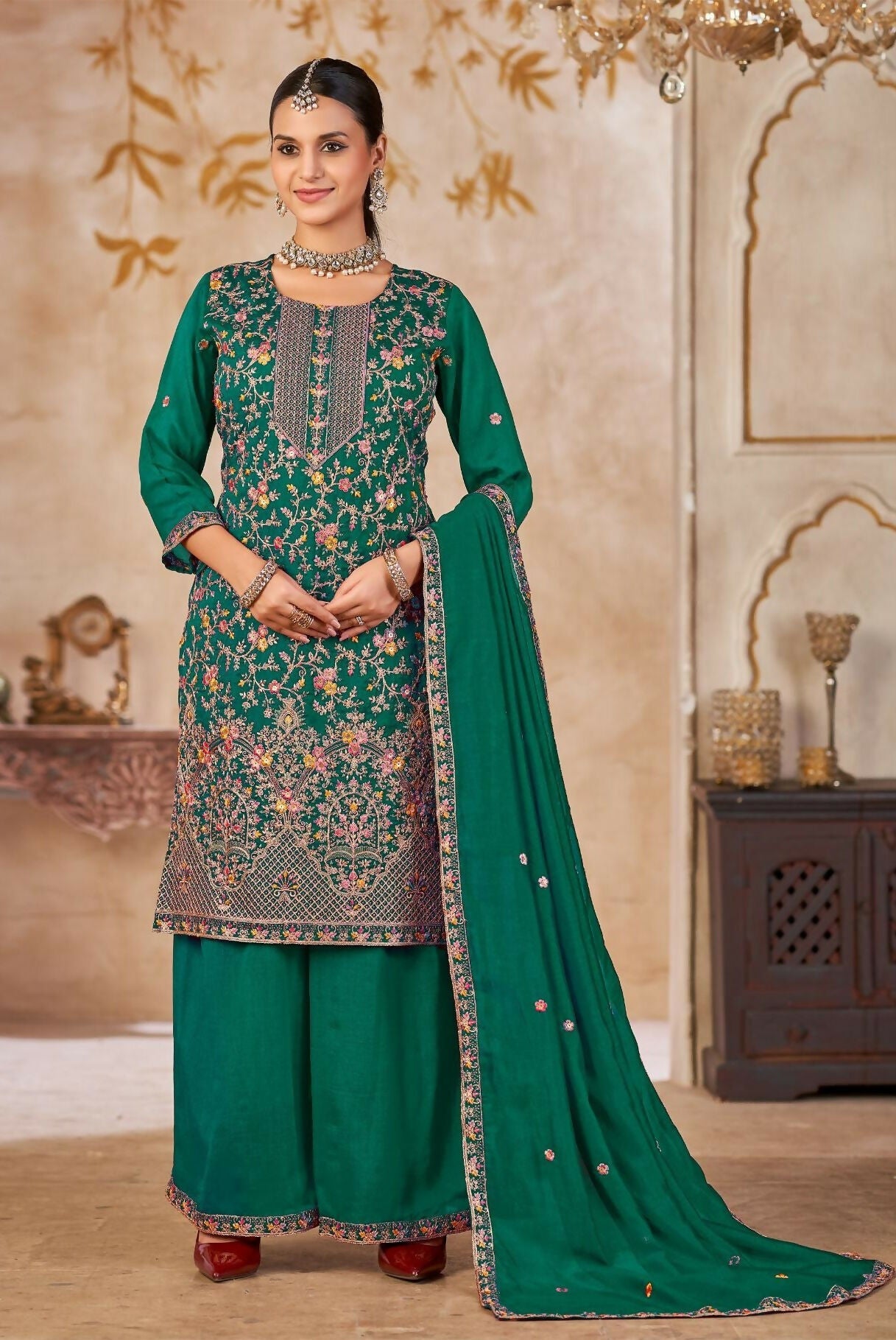 Anaita Emerald Green Vichitra Silk Readymade Palazzo Suit with Embroidery & Lace Work