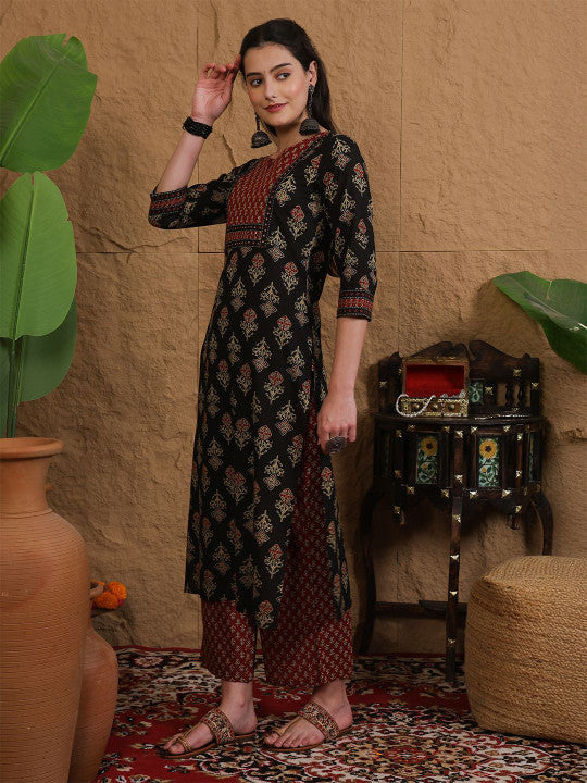 Sangria Women Ethnic Motifs Printed Sequinned Pure Cotton Kurta Set With Dupatta