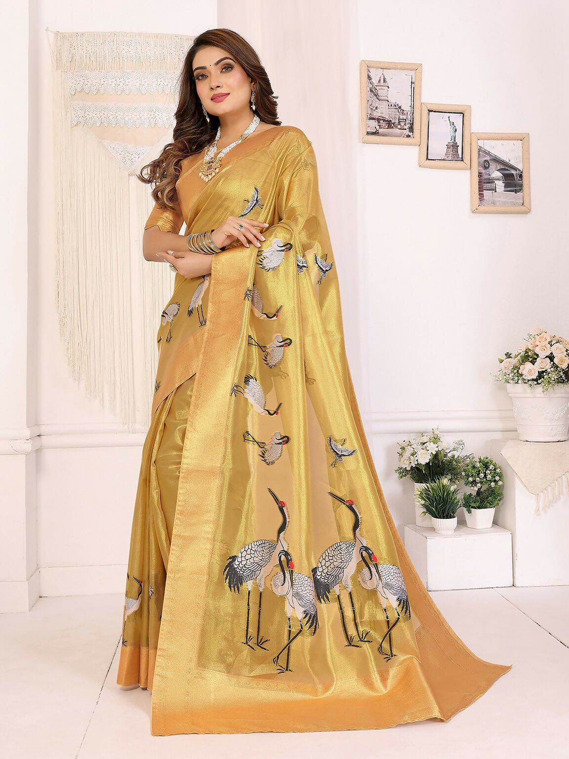Joban Fashion Golden Cranes Patterns Banarasi Silk Sarees