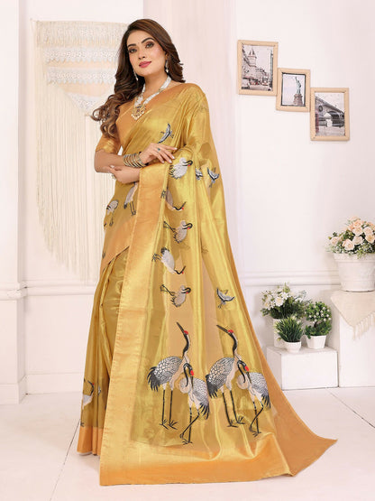 Joban Fashion Golden Cranes Patterns Banarasi Silk Sarees
