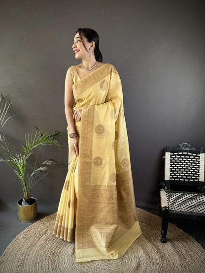 Joban Fashion Yellow Floral & Paisley Linen Silk Banarasi Saree