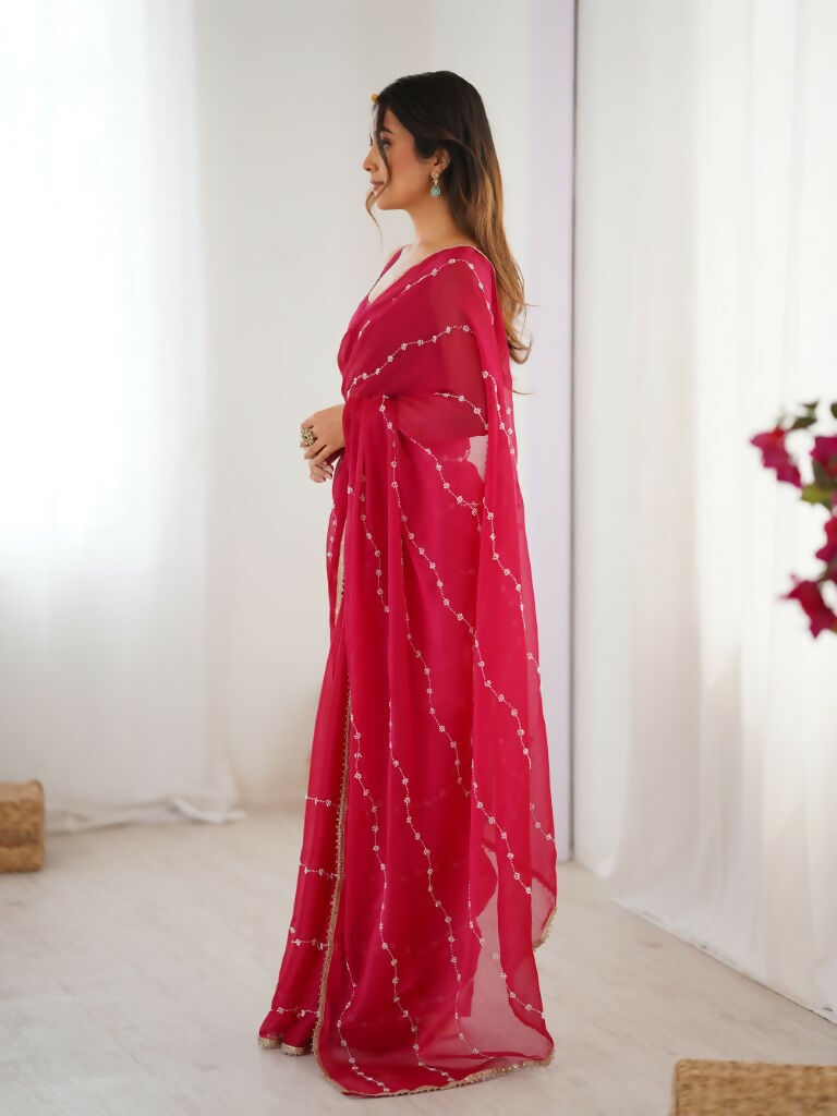 Pink Sitara Chiffon Designer Beads Moti,Val Sequence Work Saree - Noorie