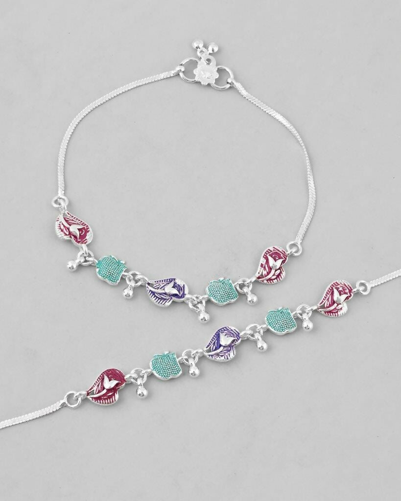 VOJ Set of 2 Silver Plated Designer Multi Color Anklet