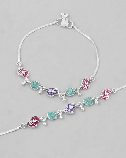 VOJ Set of 2 Silver Plated Designer Multi Color Anklet