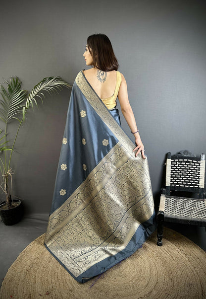 Joban Fashion Grey Floral Jacquard Woven Design Cotton Silk Banarasi Silk Saree