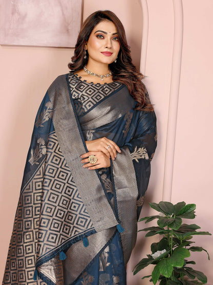 Aastha Fashion Teal Soft Organza Silk Weaving Saree