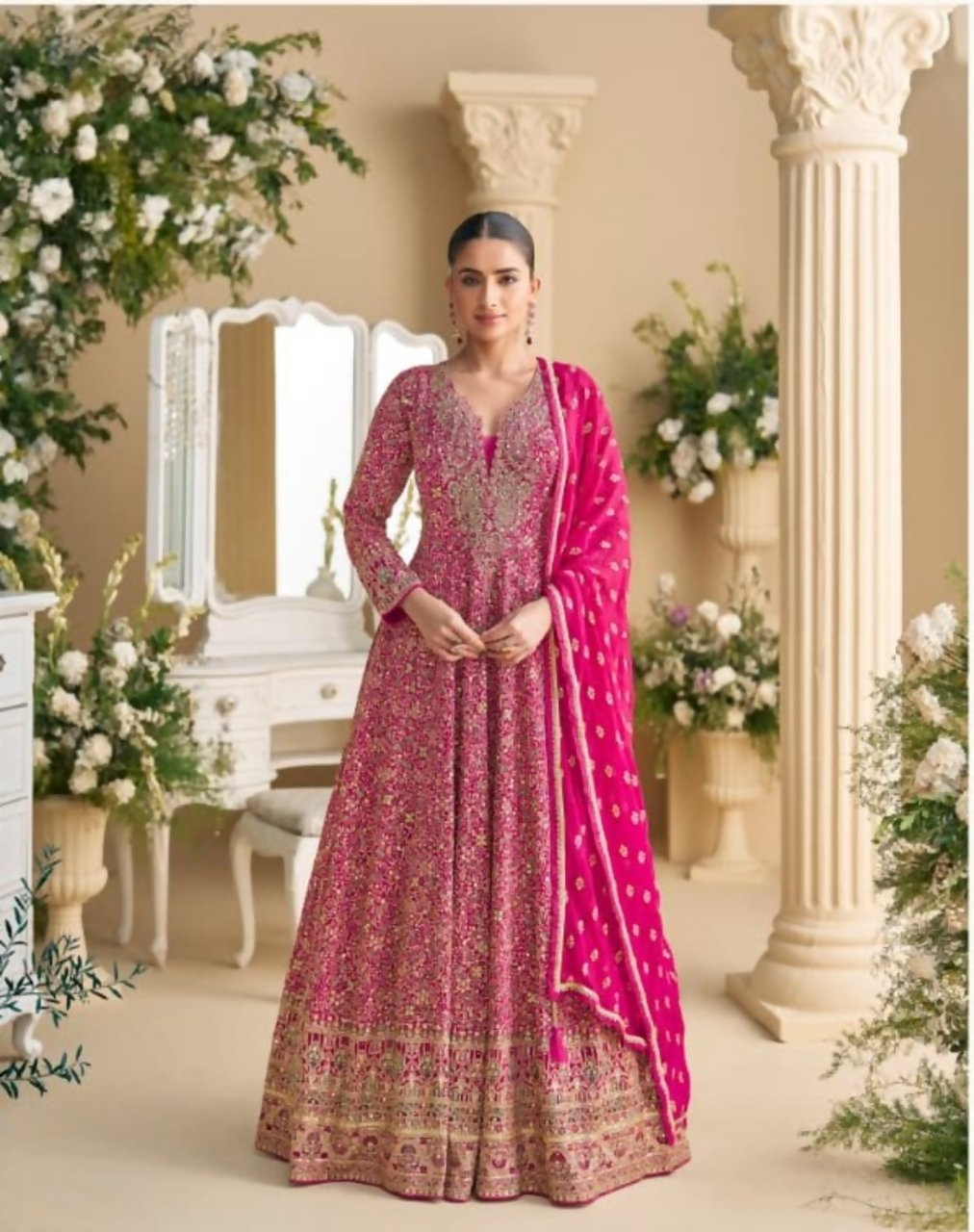 Anaita Rani Pink Real Georgette Readymade Anarkali Gown with Embroidery & Sequence Work