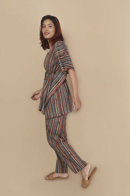 Breathables Women’S Loungewear Kaftan Cotton Aqua Blue Stripes Print Co-Ord Set
