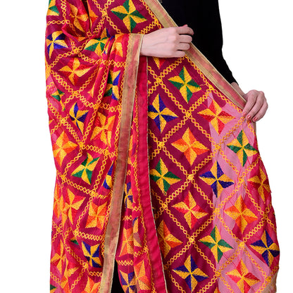 SWI Stylish Women's Embroidered Phulkari Chiffon Magenta Dupatta
