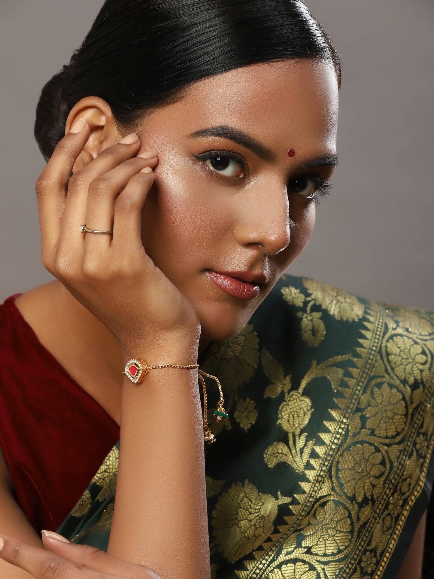 Women's Gold-Polished Pink Kundan Studded Brass Charm Bracelet - Ruby Raang