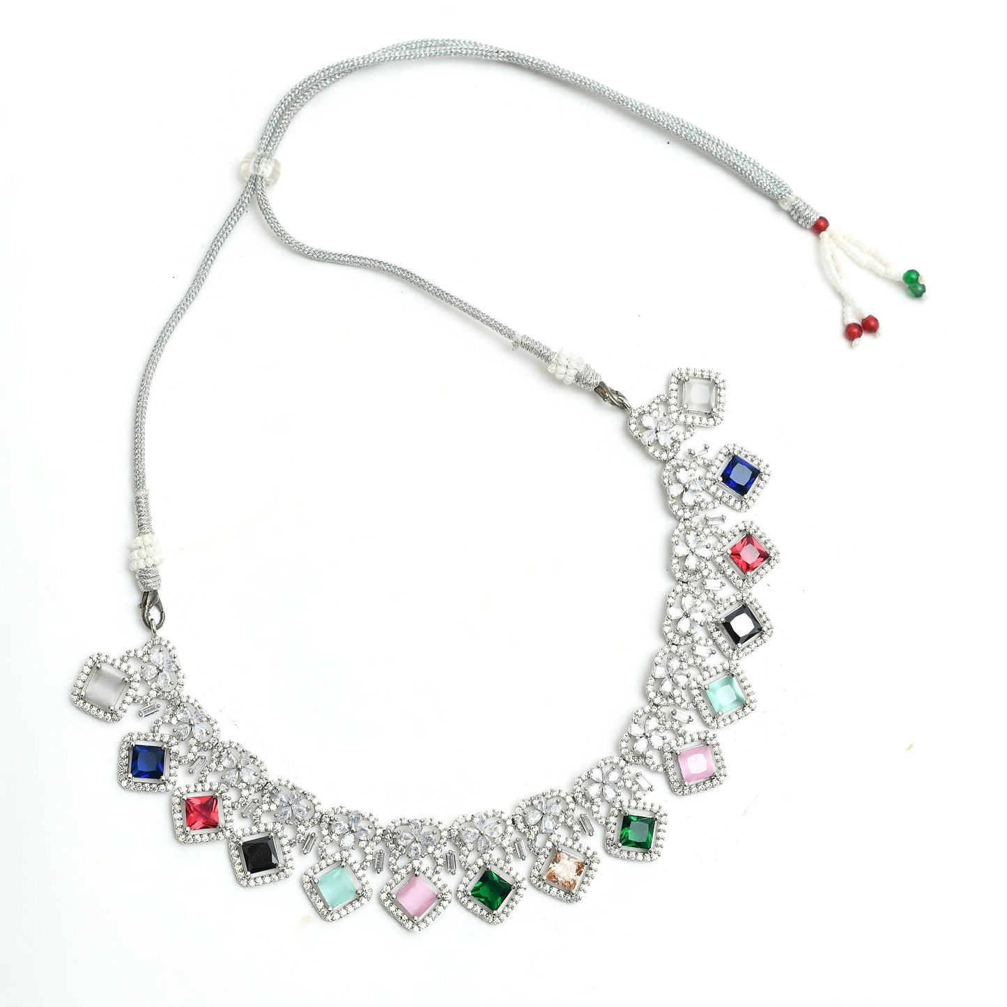 Mominos Fashion Johar Kamal Women Silver-Plated American Diamond Multi Colour Choker Set
